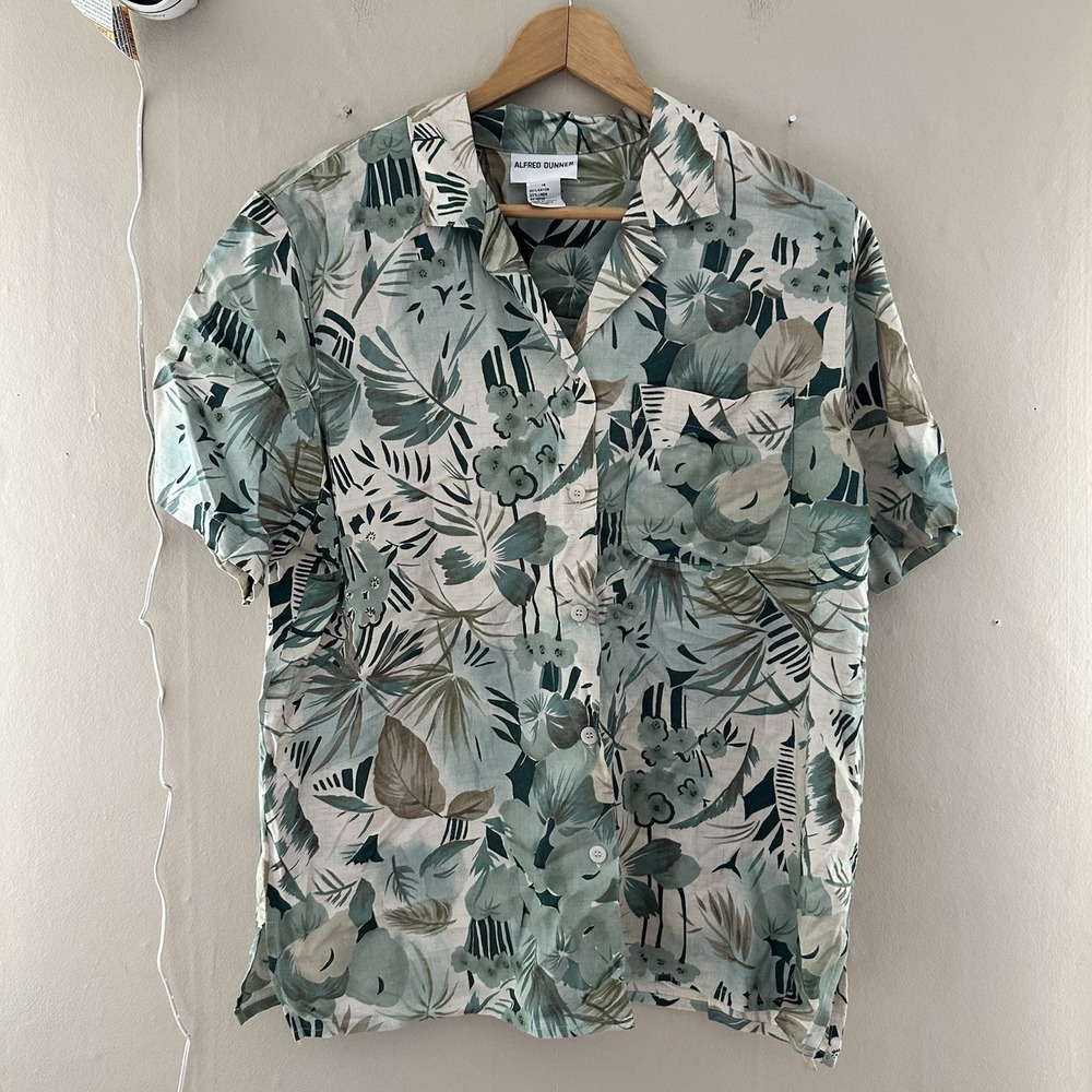 Alfred Dunner Womens Linen Blend Floral Button Up Size 14 Aloha Resort Vacation